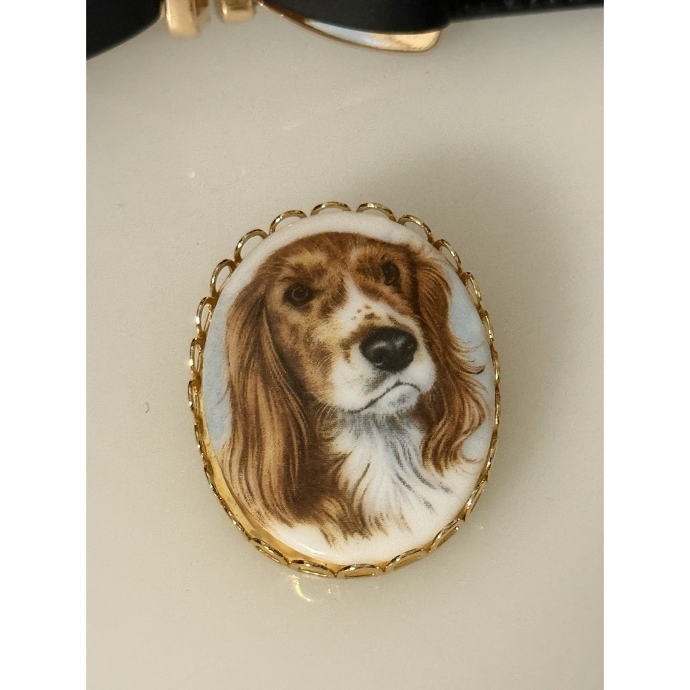 Vintage China or Porcelain Transfer Oval Pin Brooch Spaniel Hound Beagle NWOT‎ - Picture 11 of 15